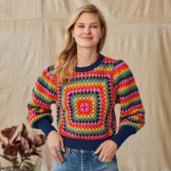 Farm Rio Rainbow Squares Crochet Sweater Size S - Picture 5 of 5